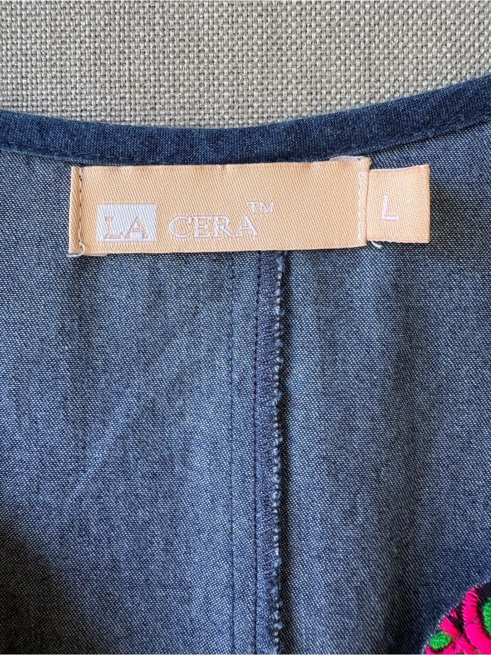 La Cera Embroidered denim Sleeveless Dress with Colorful Yoke size large pockets - Picture 4 of 6